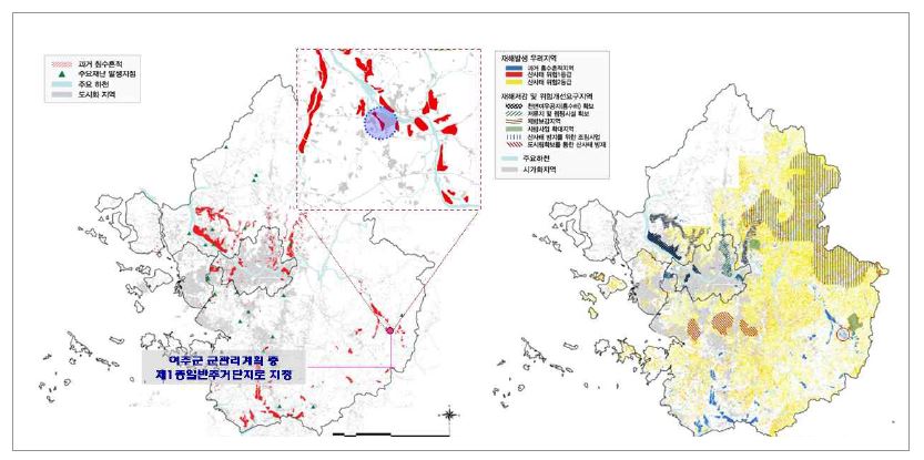그림5-8. KEI 자연재해 분야 공간환경현황도상의 위치(좌)와KEI 자연재해 분야 공간환경 관리계획도상의 위치(우)