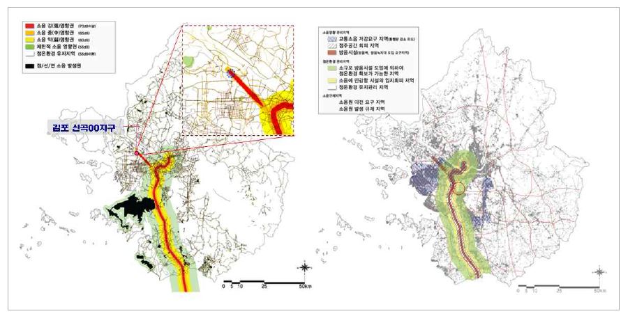 그림 5-12. 소음 분야 공간환경현황도상의 위치(좌) : 소음분야 공간환경 관리계획도상의 위치(우)