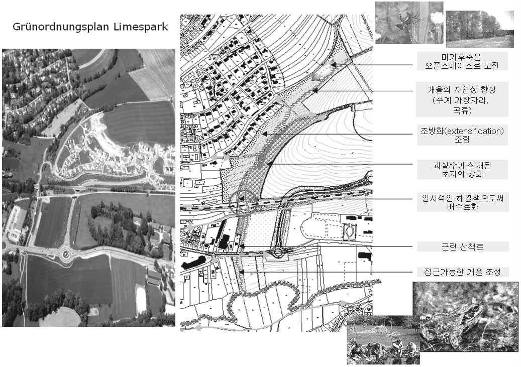 그림 2-6. hringen시의 Limespark 주거지개발계획 대상지의 전경(좌, 일부분)과 녹지정비계획(우)