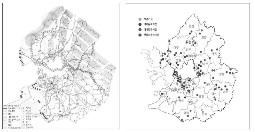 그림 3-5. 경기도 골격경관도(2000)(좌)와 경기도 내 주요 경관거점 설정(우)
