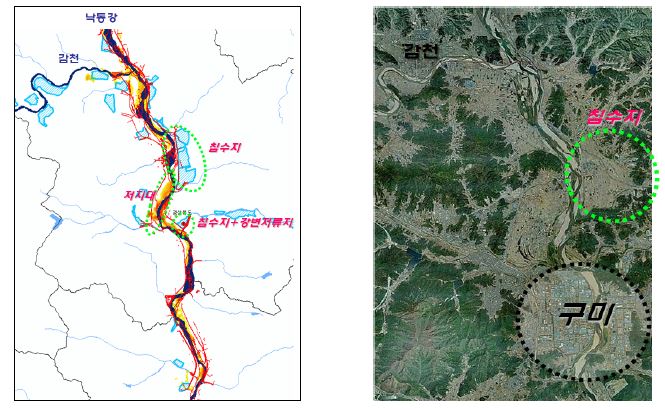 그림 4-11. 낙동강 상류 지역에서의 침수흔적도 및 저지대 분포