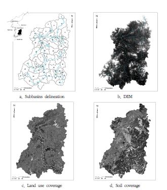 그림 3-14. 유역분할, DEM, 토지이용도, 토양도