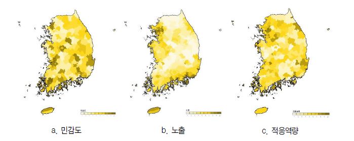 그림 3-11. 기반시설의 민감도, 노출, 적응역량 지도