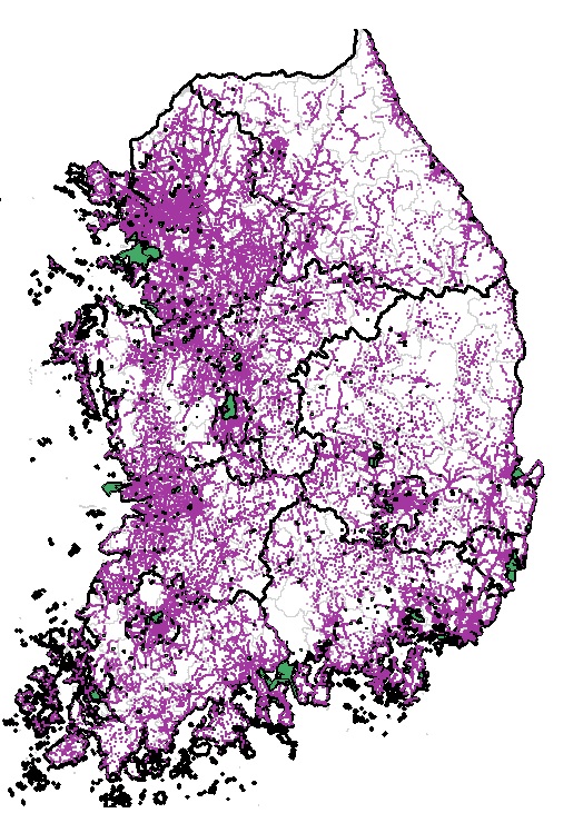 우리나라 버스정거장 및 산업단지 분포 현황