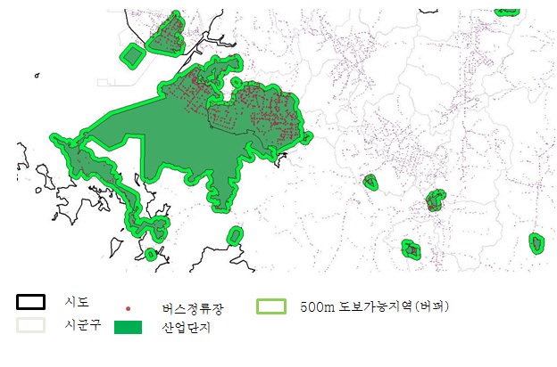 산업단지 주변 500m 이내 버스정류장 분석과정 예시 : 안산 반월