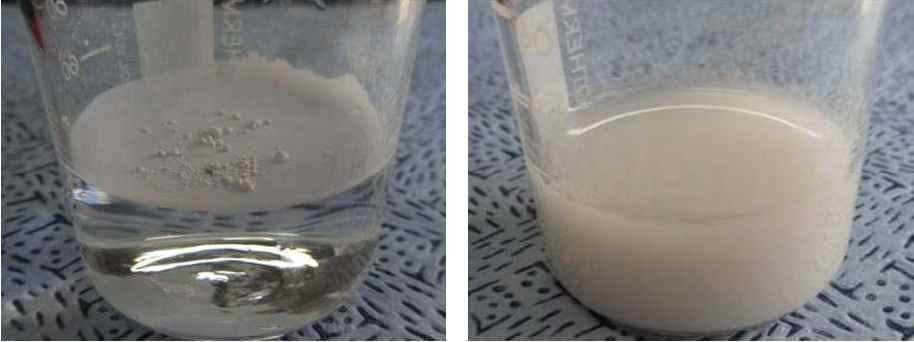 Stearic acid coated AlN-YAG 입자의 수용액 분산a) without and (b) with dispersant.