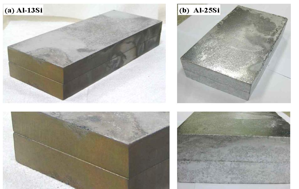 고상확산 접합시편 외관 : (a) Al-13Si, (b) Al-25Si