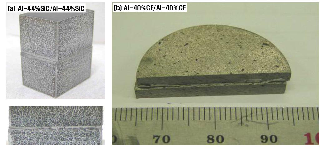 Al-44vol%SiC 및 Al-40wt%CF 복합재료의 접합체 외관 ; (a) Al-SiC/Al-SiC, (b)Al-CF/Al-CF