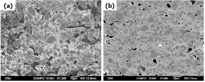 Cross-section SEM microstructure of AlN-YAG coatings from (a) spray-dried powder and (b) PAS-treated powder.