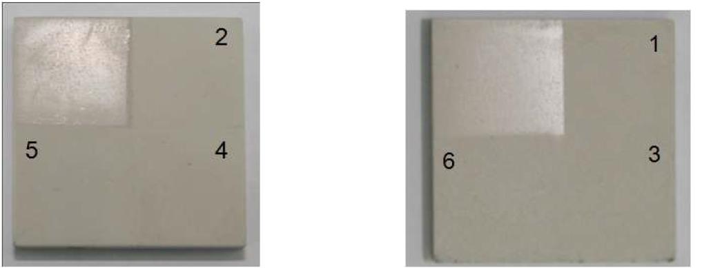 알루미늄 기판 위에 플라즈마 용사로 Al2O3를 코팅한 후 연삭하고 다시 샌드 블라스팅으로 표면 거칠기를 제어한 시편; 연삭시편 (0)-Ra 0.39 μm, 시편 1-Ra 2.36 μm, 시편 2-Ra 0.56 μm, 시편 3-Ra 2.88 μm, 시편 4-Ra 1.6 μm, 시편 5-Ra 1.76 μm, 시편 6-Ra 4.29 μm