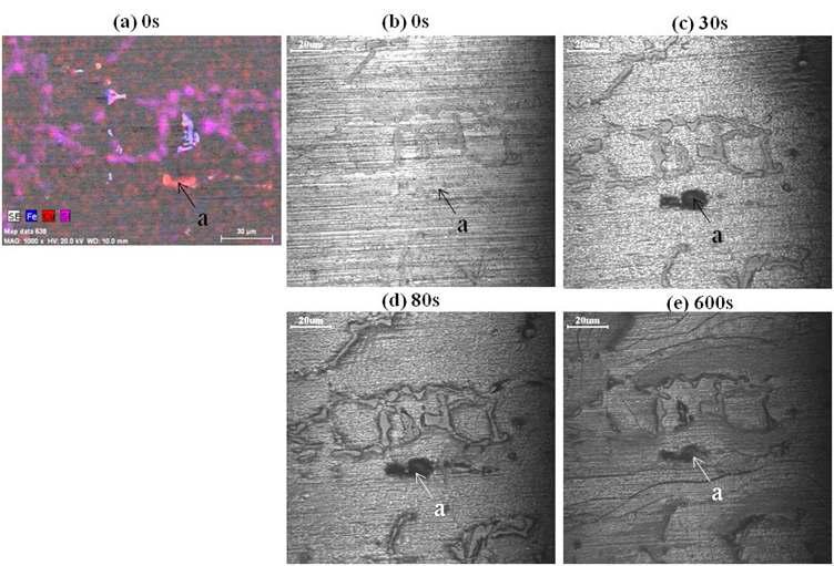 EDS mapping and CSLM images of AC2A alloy with anodizing time at 50mA/cm2 in 2.25M H2SO4.