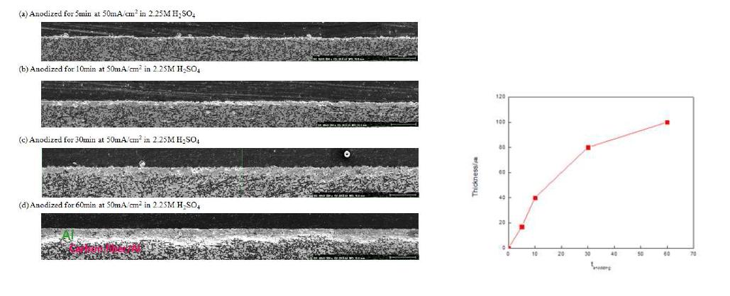 SEM images of cross-sections of the anodized CF/Al composite and the thickness of carbon fiber-free zone with anodizing time.