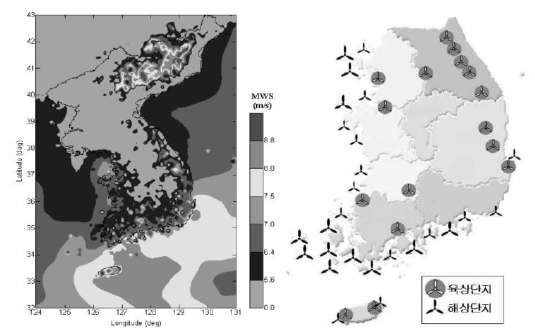 그림 3-34 우리나라의 풍력에너지 부존현황 및 개발적지 분포