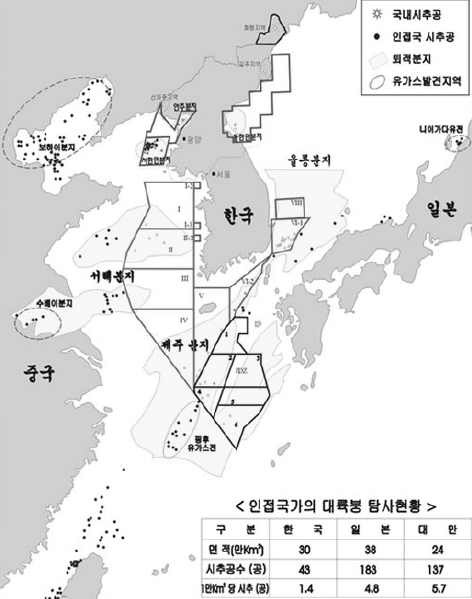 그림 3-36 우리나라 인근의 유/가스전 시추 현황