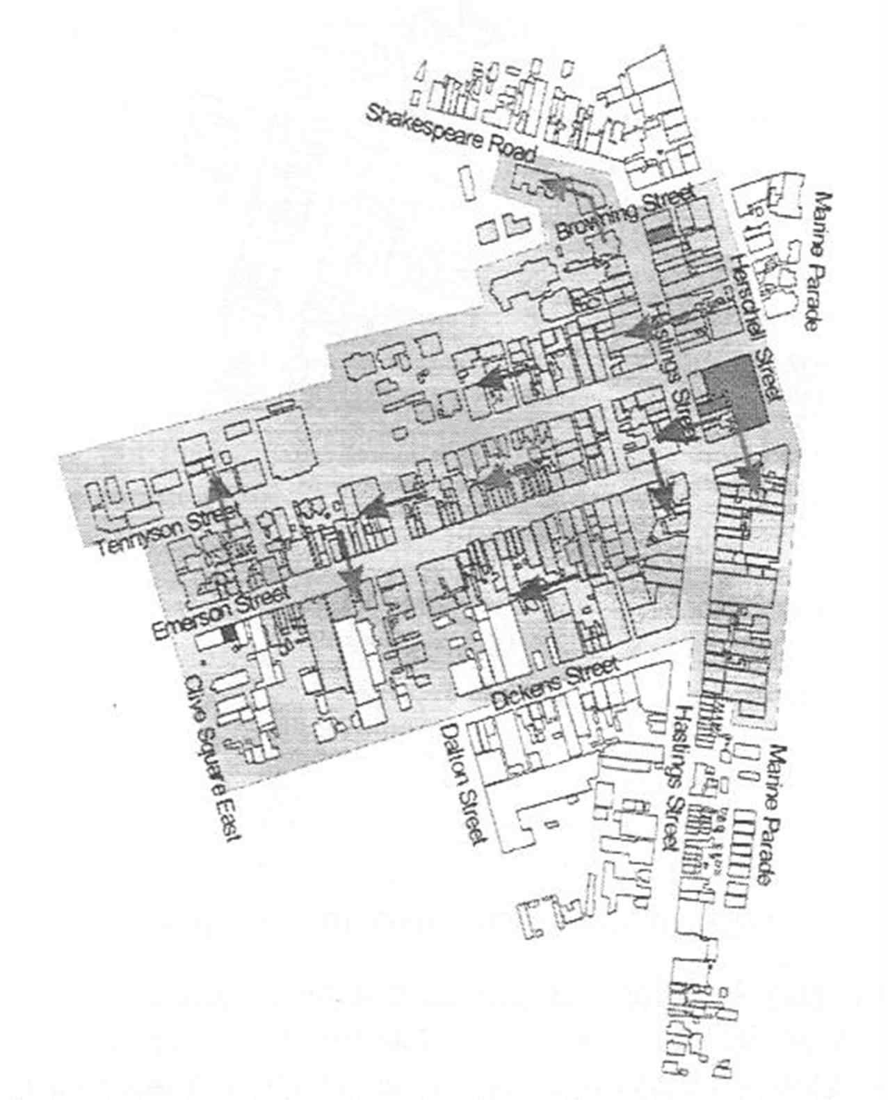 시뮬레이션 상의 화재 확산 경로를 보여주는 Napier CBD 지도