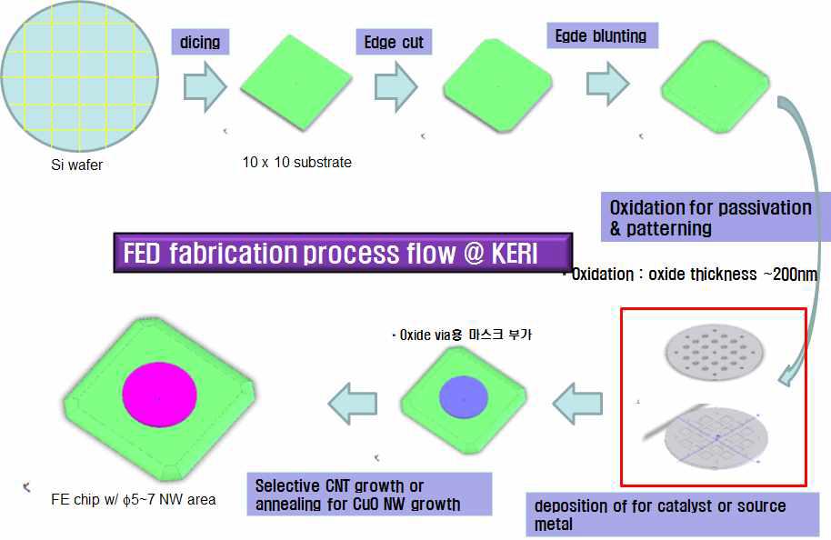 실리콘 기판을 이용한 CNT 성장 및 FED 소자 제조 공정 흐름도