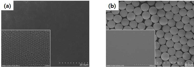 (a) 0.5μm 및 (b) 4μm의 균일한 크기의 실리카 구를 이용하여 제조 된 bead mask