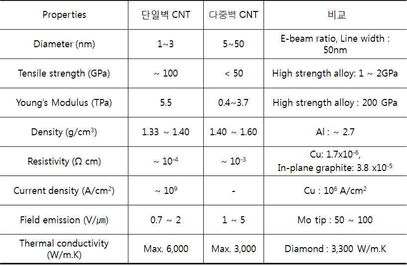 단일벽 CNT와 다중벽 CNT의 주요 특성
