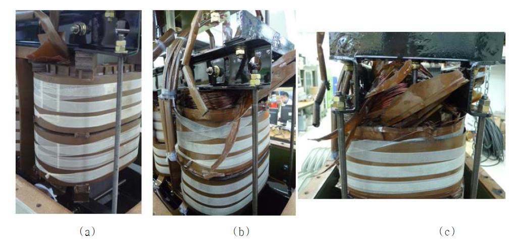 단락 시험 전 후의 권선 상태 비교 (a) 단락 시험전, (b), (c) 단락 시험 후