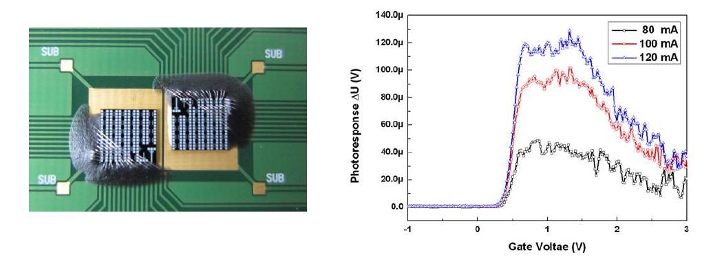 PCB-mount/wire-bonding완료한 MOSFET detector set과 T-ray 반응특성