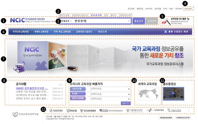 국가 교육과정 정보 센터(NCIC) 시스템의 메인 화면 구성