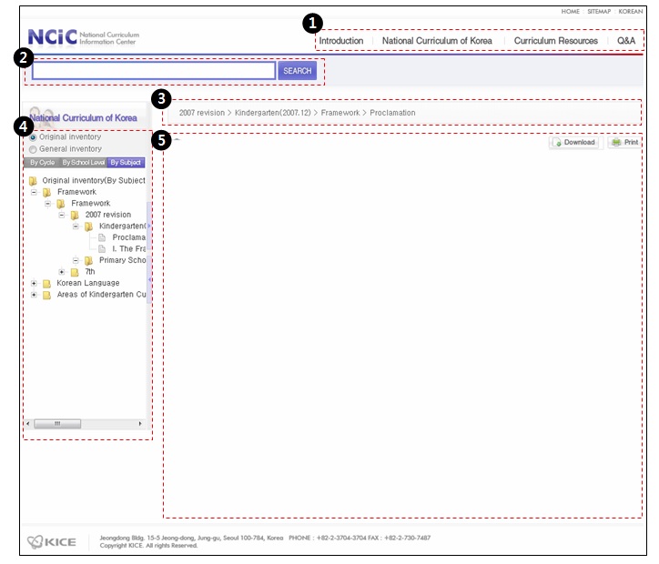 국가 교육과정 정보 센터(NCIC) 영문판 시스템의 콘텐츠 화면 구성