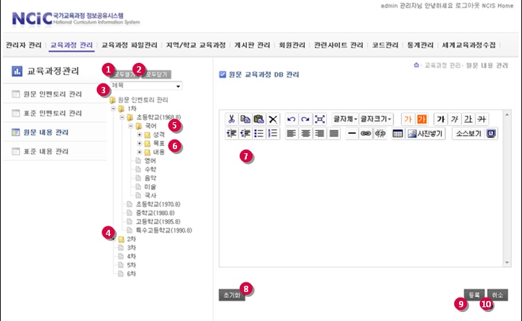 원문 인벤토리의 내용 관리 화면