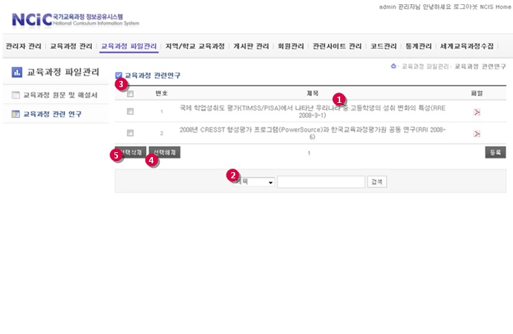 교육과정 관련 연구 자료 관리 화면