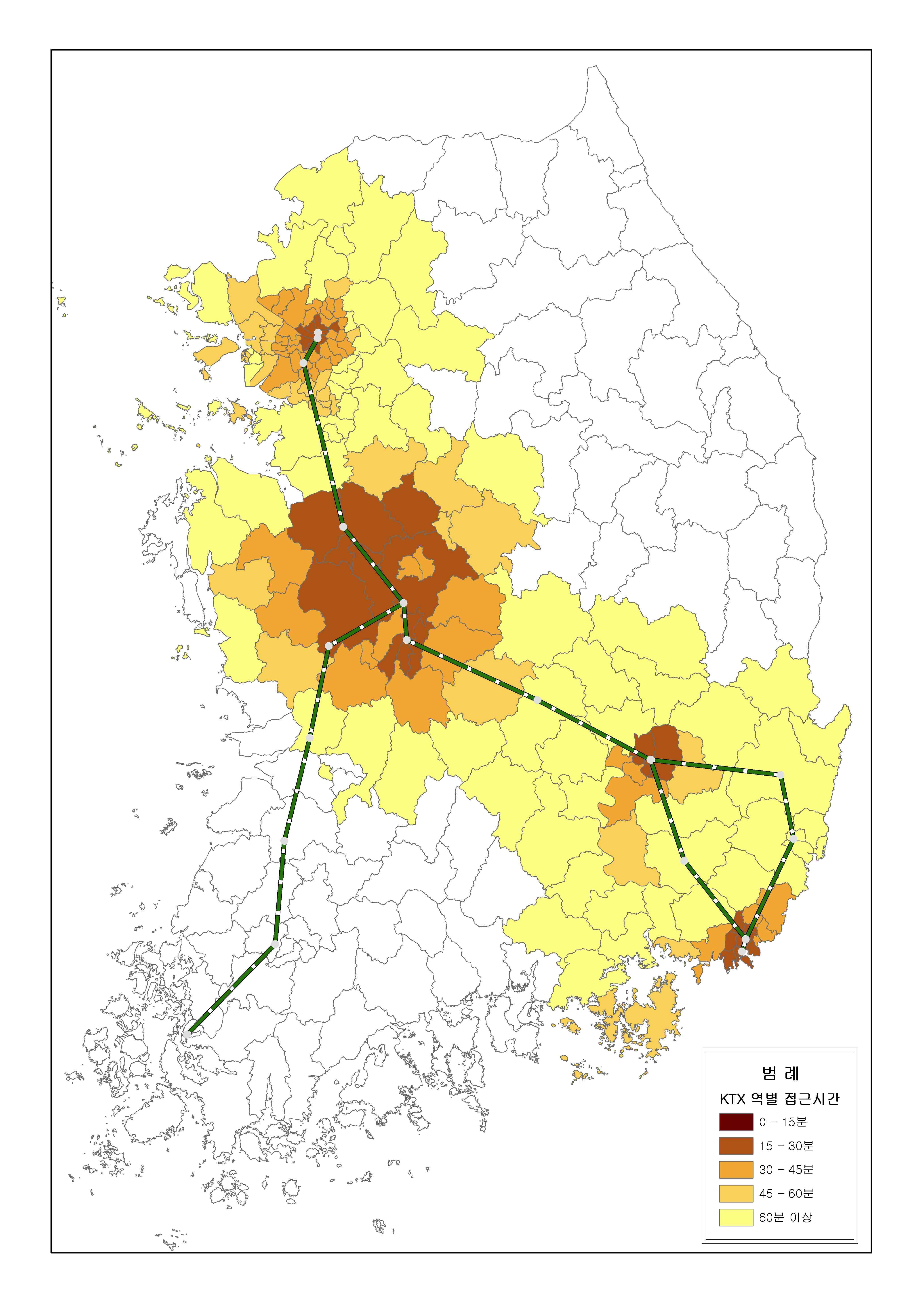 KTX 역사별 접근시간을 기준으로 한 연계영향권 분포