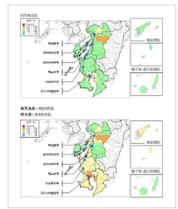 가고시마현과 구마모토현 관광 수 증감률(지역지구별)