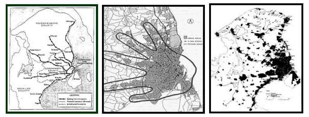 코펜하겐 : 손가락 형태 계획, 다섯 개의 방사축형 철도 투자, 위성도시들의 연결, 철도 중심의 뉴타운
