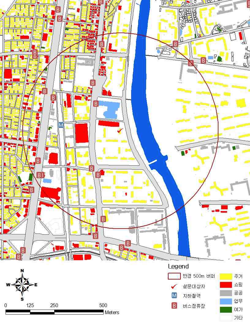 설문대상자 반경 500m에 대한 버퍼분석의 예