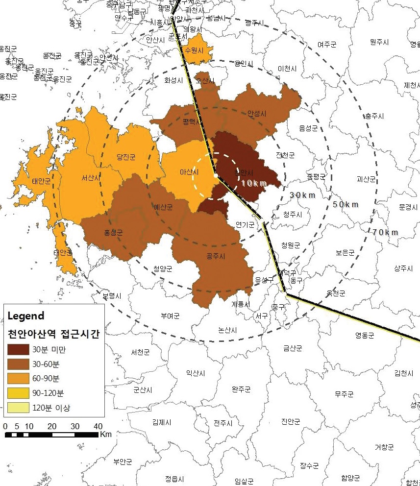 그림 3-35 천안·아산역 연계영향권(2011년)