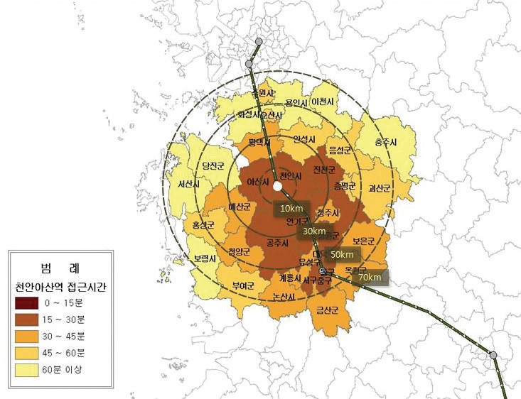 그림 3-36 천안·아산역 연계영향권(2010년)