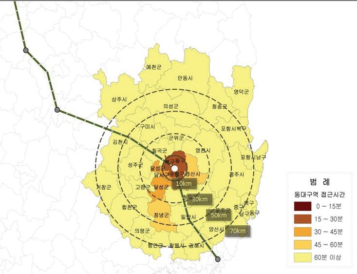 그림 3-42 동대구역 연계영향권(2010년)