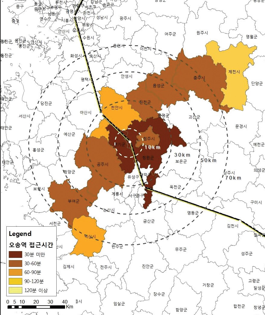 그림 3-47 오송역 연계영향권(2011년)