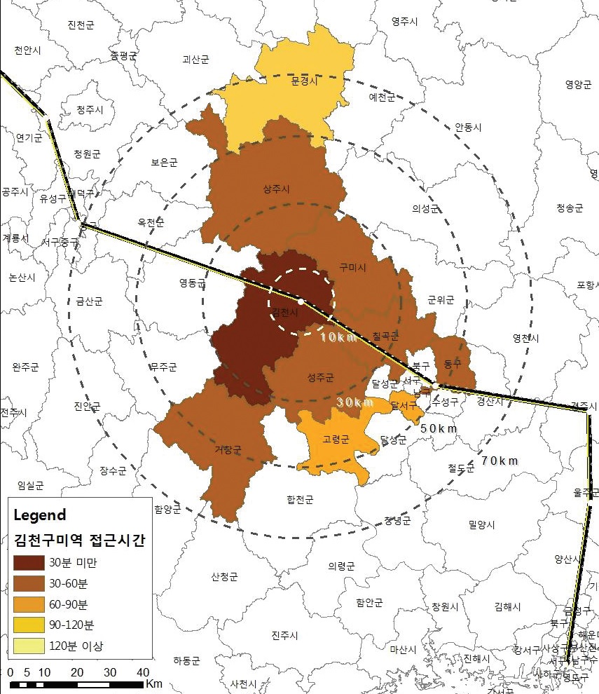 그림 3-50 김천(구미)역 연계영향권(2011년)