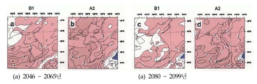 그림 3-6. B1과 A2 시나리오에 대한 미래와 현재(1980~1999년) 20년간 연평균 강수량의 차이
