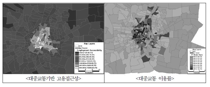 그림 5-10. 방콕 대도시권의 대중교통기반 고용접근성 및 대중교통 이용률 분포
