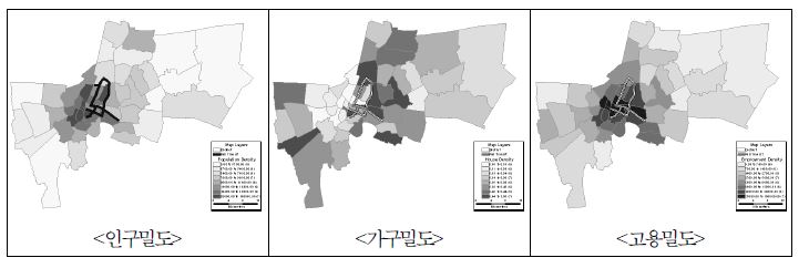 그림 5-11. 방콕의 인구, 가구, 고용밀도 분포도