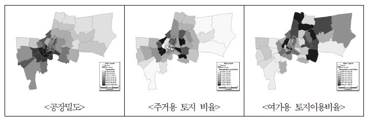 그림 5-15. 방콕의 공장밀도, 주거용 토지비율 및 여가용 토지이용비율 분포도