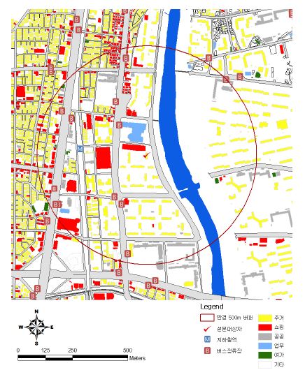 설문 대상자 반경 500m에 대한 버퍼 분석의 예