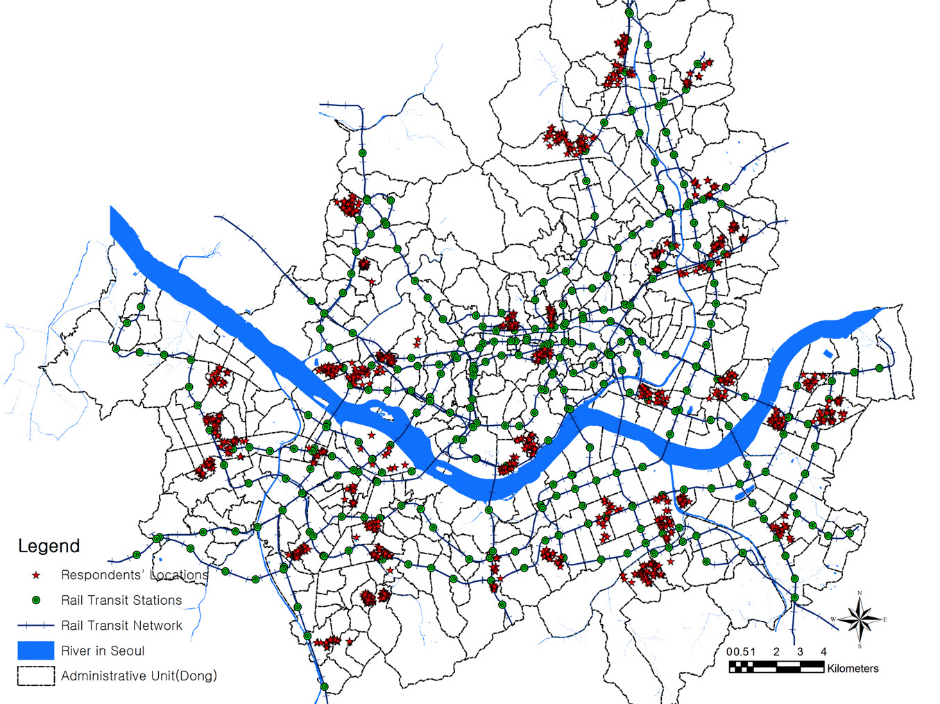 설문조사 대상자 주거지 위치와 철도 네트워크 현황
