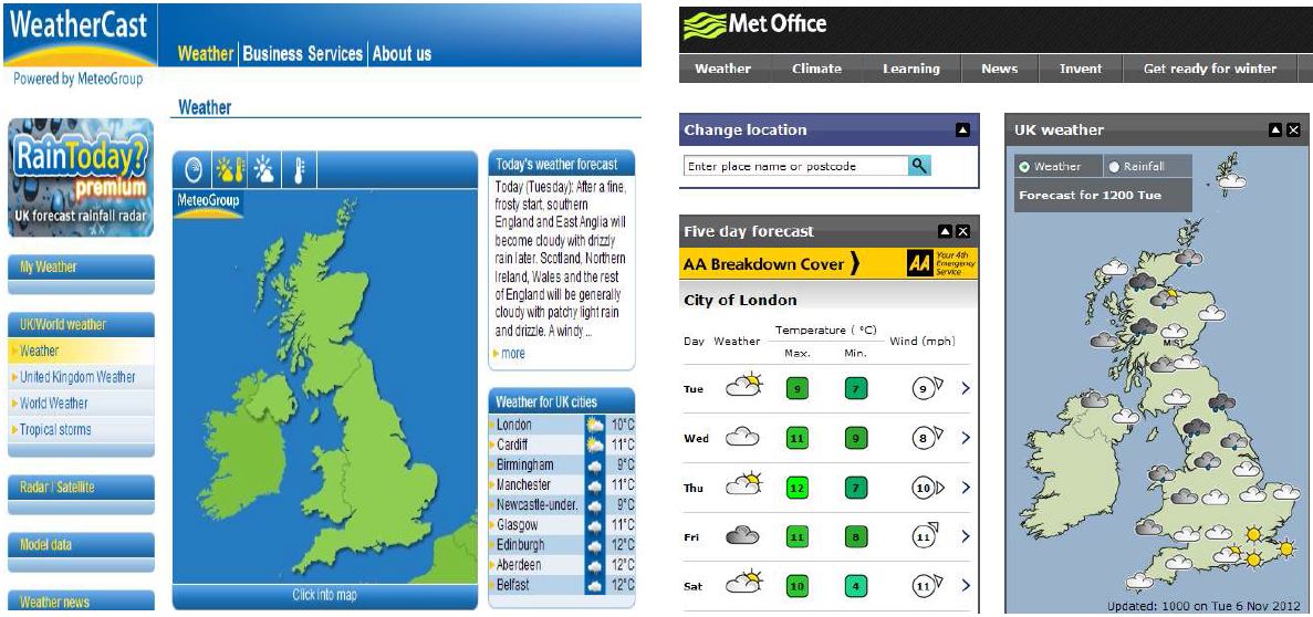 영국 Meteo Group과 기상청 사이트의 날씨 예보자료
