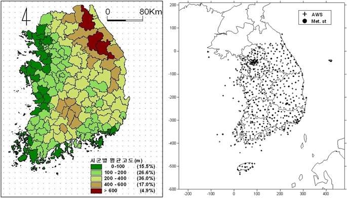 시군별 평균고도 및 기상청 관측지점 분포도