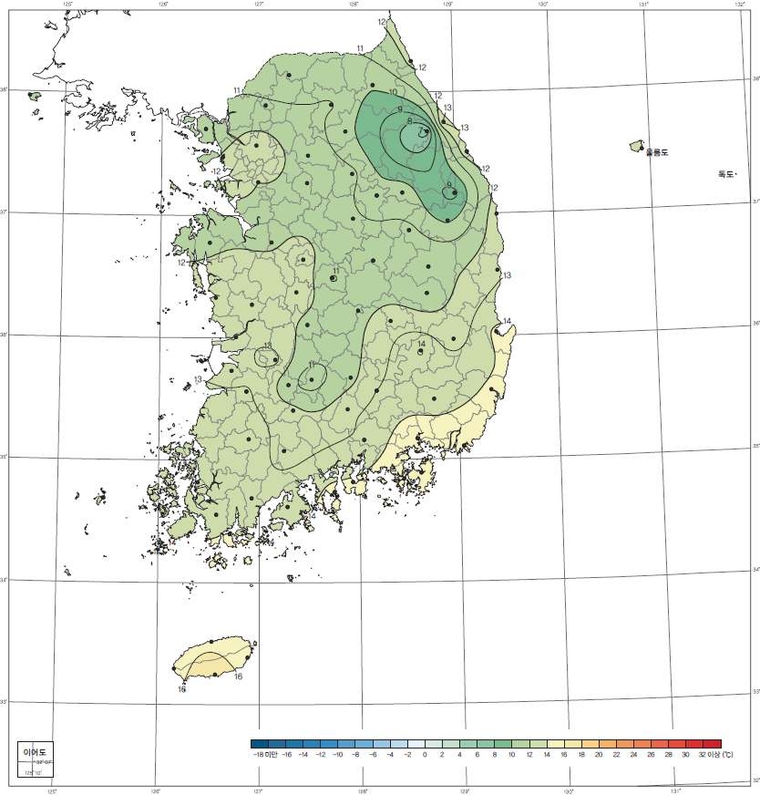 우리나라 30년간(1980～2010) 연평균 기온분포