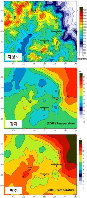 평창지역의 지형도와 작물별 재배기간별 연평균 온도