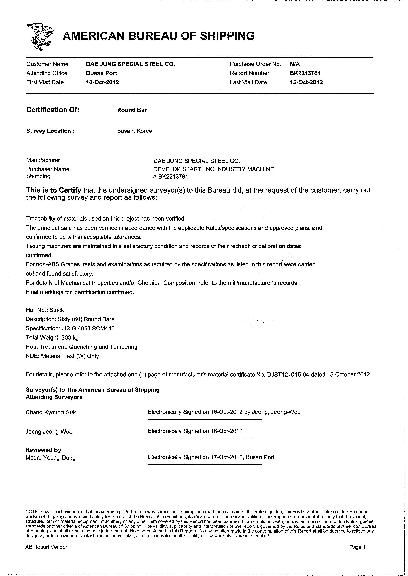 ABS CERTIFICATE OF SCM440