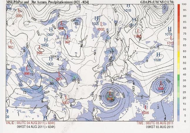 그림 20. 지상 24h 예상일기도(2011. 08. 03. 00UTC)