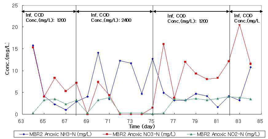 유입 COD농도에 따른 MBR2 무산소조에서의 질소변화